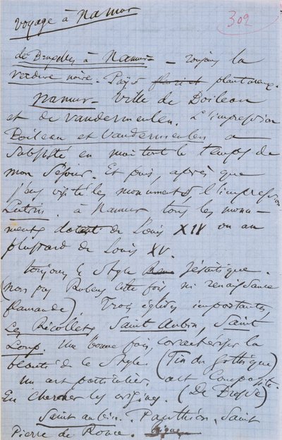 صفحة 302 من كتيب Baudelaire "Pauvre Belgique" الذي يصف رحلته إلى نامور ، 1864 بواسطة تشارلز بيير بودلير