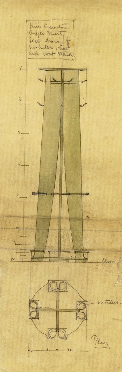 تصميم لمظلة وقبعة وحامل معطف ، موضح في الارتفاع والمخطط ، حوالي 1898-1899 (قلم رصاص ، ألوان مائية ، ورق تتبع مزيت) بواسطة تشارلز ريني ماكينتوش