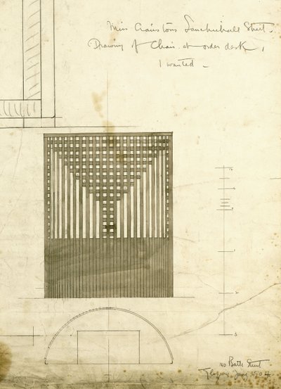 تصميم لكرسي طاولة الطلب ، يظهر في الارتفاع والخطة ، 1904 بواسطة تشارلز ريني ماكينتوش