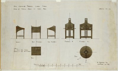 تصميمات مكاتب الكتابة المعروضة في الارتفاعات الأمامية والجانبية لغرف شاي شارع إنجرام ، 1909 بواسطة تشارلز ريني ماكينتوش