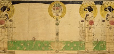التصميم الأولي للزخرفة الجدارية لغرفة الطابق الأول في قاعة شارع بوكانان في Miss Cranston&39;s ، 18967 (قلم رصاص ومرحاض على ورق استشفاف) بواسطة تشارلز ريني ماكينتوش
