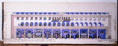 رسومات معمارية غير مسجلة من قبل لمتجر وشارع مقنطر ، حوالي عام 1915 بواسطة تشارلز ريني ماكينتوش