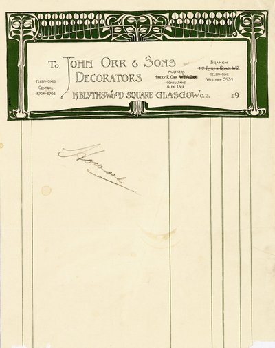 تصميم القرطاسية لجون أور وأولاده ، غلاسكو ، حوالي 1894-1898 (ورق مطبوع) بواسطة تشارلز ريني ماكينتوش