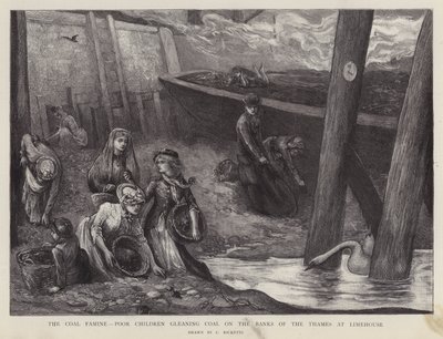 Poor children gleaning pieces of coal from the banks of the Thames at Limehouse, London (litho) بواسطة تشارلز ريكيتس