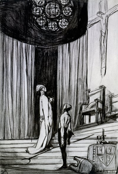 وارويك والجلاد ، مشهد من فيلم "St Joan" لجورج برنارد شو ، c.1924 (فحم على ورق) بواسطة تشارلز ريكيتس