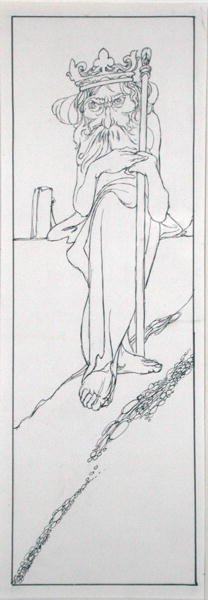 كان يحمل صولجانًا في يده ويرتدي تاجًا على جبينه ، رسم توضيحي من `` The True Annals of Fairyland - The Reign of King Herla ، بقلم JM Dent ، المنشور عام 1900 (قلم وحبر) بواسطة تشارلز روبنسون