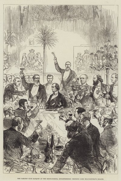 مأدبة كارلتون كلوب في مدرسة الفروسية ، نايتسبريدج ، يشرب صحة اللورد بيكونسفيلد بواسطة Sir John Charles Robinson