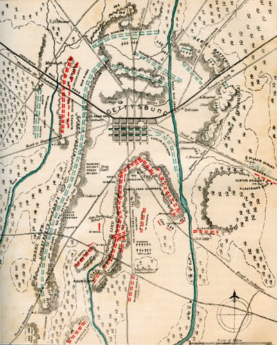 خريطة معركة جيتيسبيرغ ، بنسلفانيا ، 1-3 يوليو 1863 ، 1862-1867. بواسطة تشارلز شول