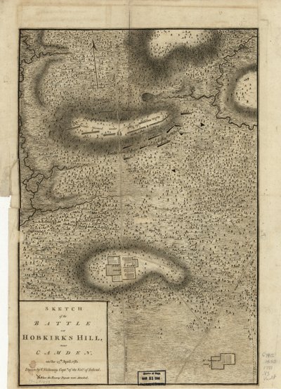 رسم تخطيطي لمعركة Hobkirks Hill ، بالقرب من Camden ، في 25 أبريل 1781 ، نشر في لندن ، 1794 بواسطة تشارلز فالانسي