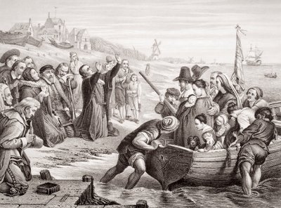 رحيل آباء الحاج من دلفت هافن في يوليو 1620 ، من مجلد "الرسوم التوضيحية الإنجليزية والتاريخ الاسكتلندي" المجلد الأول (النقش) بواسطة تشارلز ويست كوب