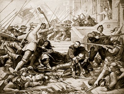 الدفاع عن باسينغ هاوس ، 1645 ، رسم توضيحي من "قصة هتشنسون عن الأمة البريطانية" ، ج .1923 بواسطة تشارلز ويست كوب