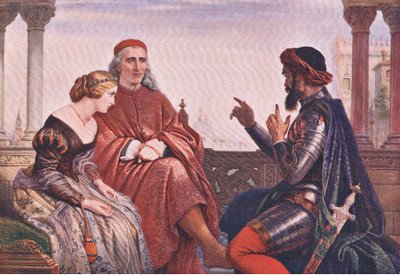 استمالة Desdemona (عطيل) "حيث تحدثت عن معظم الفرص الكارثية ، عن حوادث النقل بالفيضانات والميدان" ، من The Complete Works of William Shakespeare pub. by J Coker & Co Ltd (color litho) بواسطة تشارلز ويست كوب