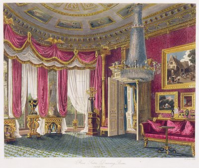 Rose Satin Drawing Room (المنظر الثاني) كارلتون هاوس ، منقوش من R.Reve (fl.1811-37) من "تاريخ المساكن الملكية" بقلم ويليام هنري باين (1769-1843) حانة. 1818 بواسطة تشارلز وايلد