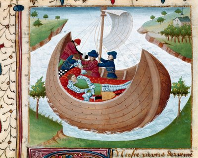 جنازة في البحر مصغرة مأخوذة من "" Romanesque du Chevalier Tristan "للمعلم Charles of Maine 1440-1460. شانتيلي ، متحف كوندي - الدفن البحري لفارس المائدة المستديرة - صورة مصغرة من رومان دو شوفالييه تريستان ، بقلم السيد تشارلز أوف ماين بواسطة تشارلز دو مين ماستر