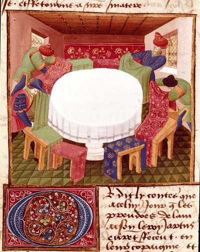 تحضيرات المائدة المستديرة عند وصول الفرسان المصغرين مأخوذة من "" Romanesque du Chevalier Tristan "للمعلم Charles de Maine (نسخة Beroul). 1440-1460. شانتيلي ، متحف كوندي بواسطة تشارلز دو مين ماستر