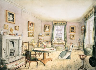 غرفة الرسم ، إيست وود ، هاي ، f54 من ألبوم للتصميم الداخلي ، 1843 بواسطة شارلوت بوسانكيه