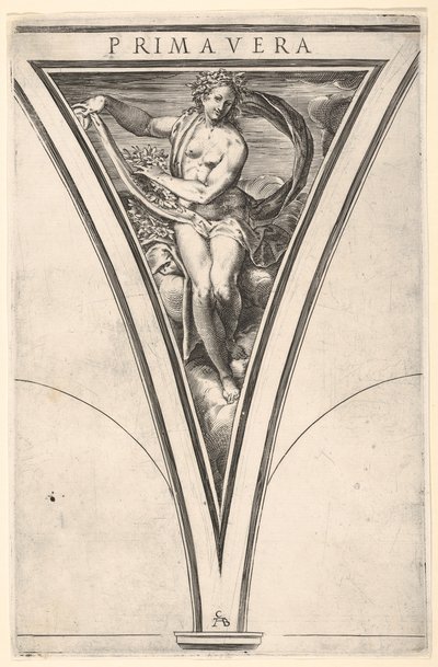 تم تمثيل Spring Primavera كامرأة تحمل ثنى وأكاليل منتفخة ... ، كاليفورنيا. 1570-1615. بواسطة شيروبينو ألبيرتي