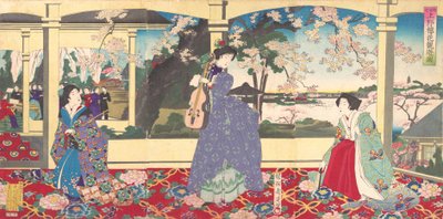 حفلة راقصة: الاستمتاع بمشاهدة أزهار الكرز في Ueno Tobukai Ueno oka yuran no z ... ، مارس 1887. بواسطة تشيكانوبو يوشو