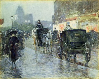 سيارات الأجرة التي تجرها الخيول في المساء ، نيويورك ، حوالي 1890 (ألوان مائية وغواش على ورق) بواسطة تشايلد فريدريك حسام