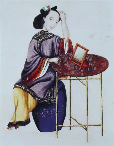 امرأة صينية ترتب شعرها ، فترة تشيان لونغ (1736-96) بواسطة المدرسة الصينية