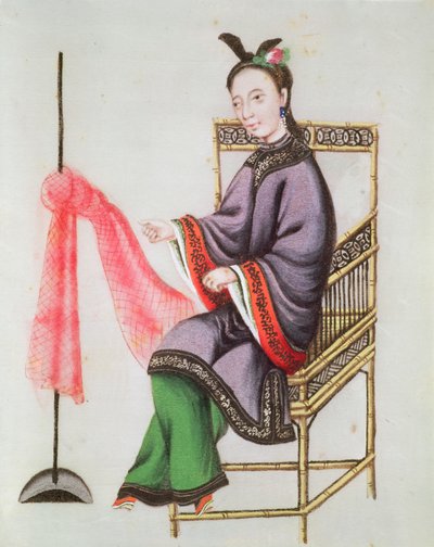 امرأة صينية تصنع شبكة صيد ، فترة تشيان لونغ (1736-96) (غواش على ورق) بواسطة المدرسة الصينية