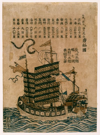 سفينة صينية (Tosen Zu) مع سرد الطريق البحري من الصين إلى اليابان ، c.1850 (طباعة كتلة خشبية ملونة) بواسطة المدرسة الصينية