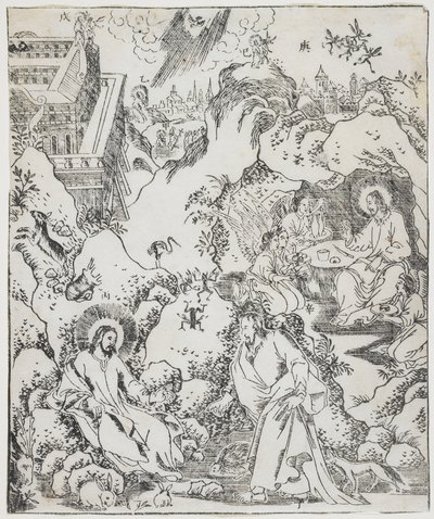 المسيح في البرية ، لوحة من Giulio Alenis Tianzhu jiangsheng zhuxiang jingjie (تاريخ مصور لرب السماء الذي أصبح المتجسد في الجسد) ، كنيسة جينجيانغ ، مقاطعة فوجيان بواسطة المدرسة الصينية
