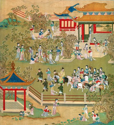 الإمبراطور يانغ تي (581-618) يتجول في حدائقه مع زوجاته ، من تاريخ الأباطرة الصينيين (اللون على الحرير) (انظر أيضًا 176855) بواسطة المدرسة الصينية