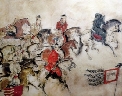 قبر الأمير Zhanghuai ، مشهد الصيد مع الخيول ، كسيان ، فترة هان ، 706 (جدارية) بواسطة المدرسة الصينية