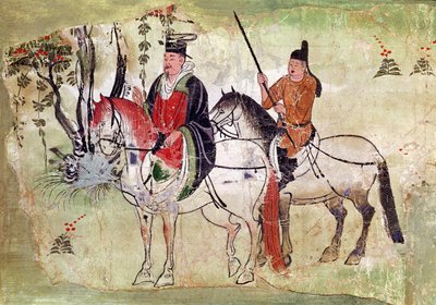 اثنين من الفرسان في المناظر الطبيعية أو ، The Boddhisatva و Equerry ، فترة تانغ (حجر مطلي) بواسطة المدرسة الصينية