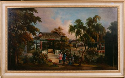 منظر لحديقة Howqua في كانتون مع السيدات من قبل Pavillion ، c.1850 بواسطة المدرسة الصينية
