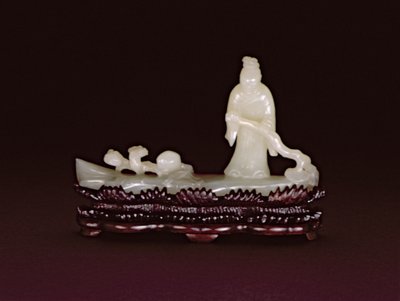 Zhang Qian يقف على طوف خشبي يوجه مع فرع lingzhi بجانب فرع lingzhi وخوخ (حجر أبيض) بواسطة المدرسة الصينية