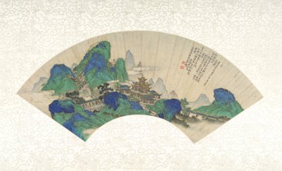 قصور الخالدين ، مروحة قابلة للطي مركبة على شكل ورقة ألبوم ، 1753 (حبر ، لون ، وذهب على ورق) بواسطة المدرسة الصينية المدرسة الصينية