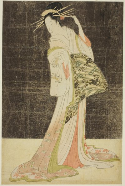 مجموعة مختارة من الجمال من أماكن المتعة (Seiro bijin awase): المحظيات المستأجرة لعطلات رأس السنة الجديدة - Takigawa of the Ogiya بواسطة Chobunsai Eishi