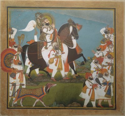 ماهارانا بهيم سينغ وريتينو يشرعان في مطاردة ، كاليفورنيا. 1805-10. بواسطة Chokha