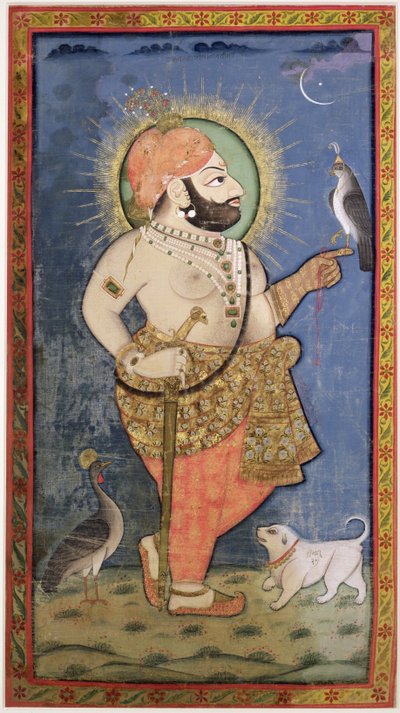 ماهارانا بهيم سينغ من ميوار مع صقر ، أودايبور (ميوار) راجستان ، c.1805 (الغواش بالذهب على القماش) بواسطة Chokha