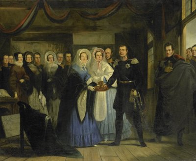 أميرة أورانج تستقبل الإسكندر الثاني (1818-1881) ، الدوق الأكبر ووريث عرش روسيا ، في منزل القيصر بطرس في زاندام ، 17 أبريل 1839 بواسطة كريستيان جوليوس لوديويجك بورتمان