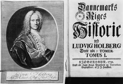 بارون لودفيج هولبرج (1684-1754) وصفحة عنوان المجلد الأول من تاريخ الدنمارك ، المنشور في كوبنهاجن ، 1732 بواسطة كريستيان فريدريش فريتشش