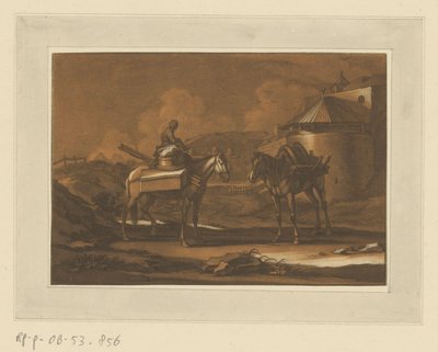 حصانان محملان خارج سور المدينة ، أحدهما طفل الفرسان والخيول والمعارك (عنوان المسلسل) بواسطة كريستيان روجينداس