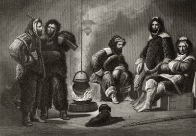 الحياة في العميد ، نقشها J.McGoffin ، من `` استكشافات القطب الشمالي في السنوات 1853 ، 54 ، 55 &39;&39; ، المجلد الأول ، من قبل الدكتورة إليشا كينت كين (1820-57) المنشورة فيلادلفيا ، 1856 بواسطة كريستيان شوسيلي