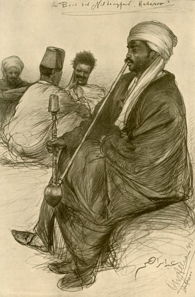 رجل يدخن النرجيلة على متن باخرة 'Hatasoo' ، مصر ، 1898. بواسطة كريستيان فيلهلم أليرز