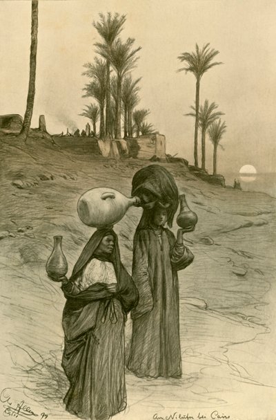 نساء يحملن أواني الماء على ضفاف النيل ، القاهرة ، مصر ، 1898. بواسطة كريستيان فيلهلم أليرز