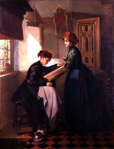 Hindeloopen Girls in a Interior (زيت على لوح) بواسطة كريستوفيل بيسشوب