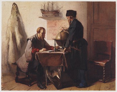 يعقوب فان هيمسكيرك وويليم باريندز. التخطيط لرحلتهم إلى القطب الشمالي عام 1594 بواسطة كريستوفيل بيسشوب
