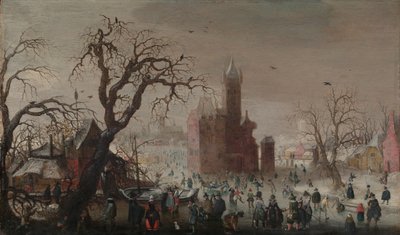 مشهد الشتاء مع المتزلجين على الجليد وقلعة وهمية ، كاليفورنيا. 1615-20. بواسطة كريستوفل فان دن بيرج