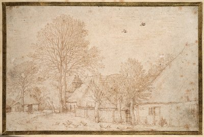 Thatched buildings, almost bare trees and a flock of geese (pen & ink on paper) بواسطة Kosma Sergeevich Petrov Vodkin