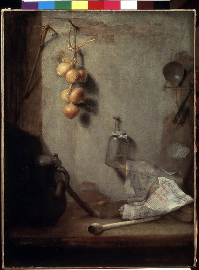 "الحياة الساكنة" (الحياة الساكنة) بصل وطاولة مطبخ وجرة زجاجية "لوحة كريستوفر بوديس (1630-1666) 1660 ديم. 62x46.5 سم متحف هيرميتاج ، سانت بطرسبرغ بواسطة كريستوف باوديس