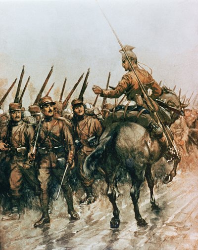 Lancer of the Belgian Guides Corps passing French infantry marching to the front in 1914 (colour litho) بواسطة كريستوفر (بعد) كلارك
