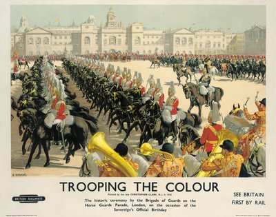 `` Trooping the Colour &39;&39; ، ملصق إعلاني للسكك الحديدية البريطانية ، حوالي 1950 (طباعة حجرية ملونة) بواسطة كريستوفر كلارك
