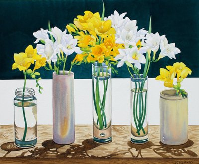 حياة صامتة Freesias (ألوان مائية على ورق) بواسطة كريستوفر ريلاند